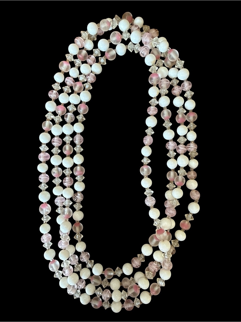 Vintage Multi Strand Beaded Necklace Pink White Crystal Accent 56 Long Flapper